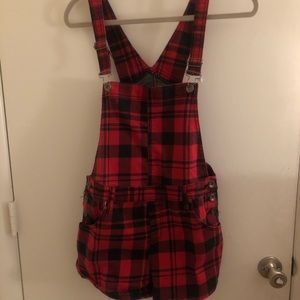 Denim Black % Red Plaid Overalls